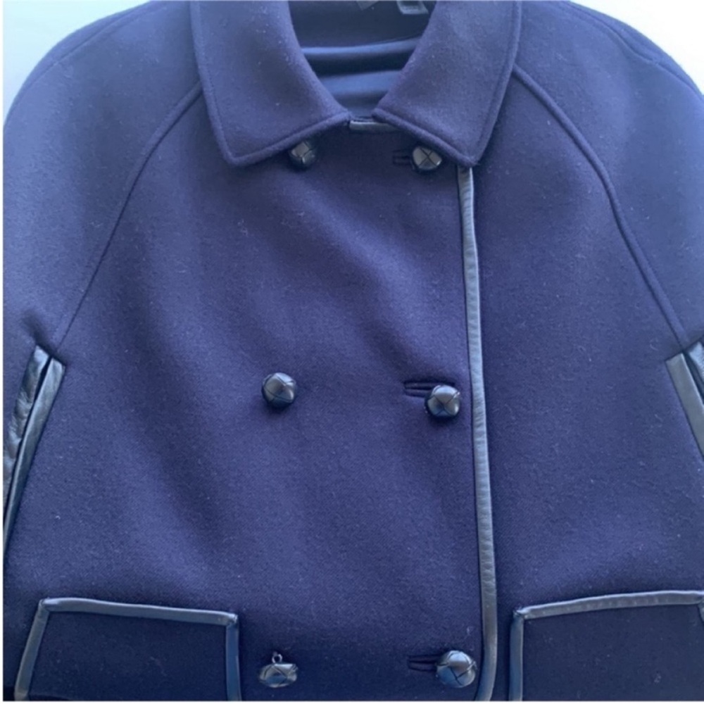 J. Crew Collection Navy Blue Wool Double Breasted Leather Trim Cape XS/S - Picture 6 of 12